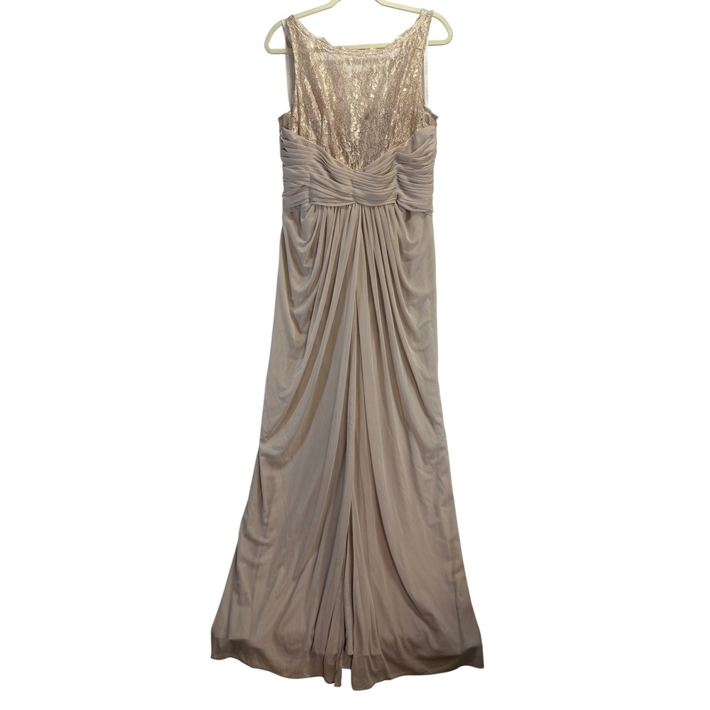 Davids Bridal Metallic Lace Ruched Draped Gown Champagne Gold Size 14 Formal